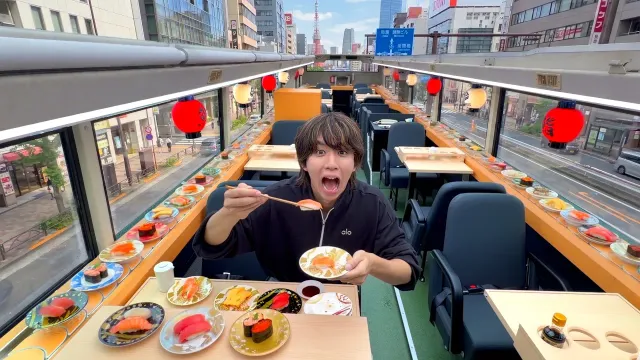 【世界初】バスの2階が回転寿司食べ放題になってる寿司バスに乗ってみたwwwww
