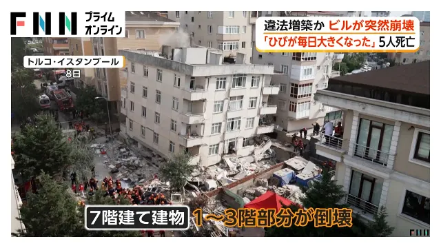 違法増築か 7階建てビルが突然崩壊 10人救助5人死亡 4月に1階壁にひび割れ 3年前の地震で倒壊ホテルも違法増改築が問題に トルコ（2026年10月09日）